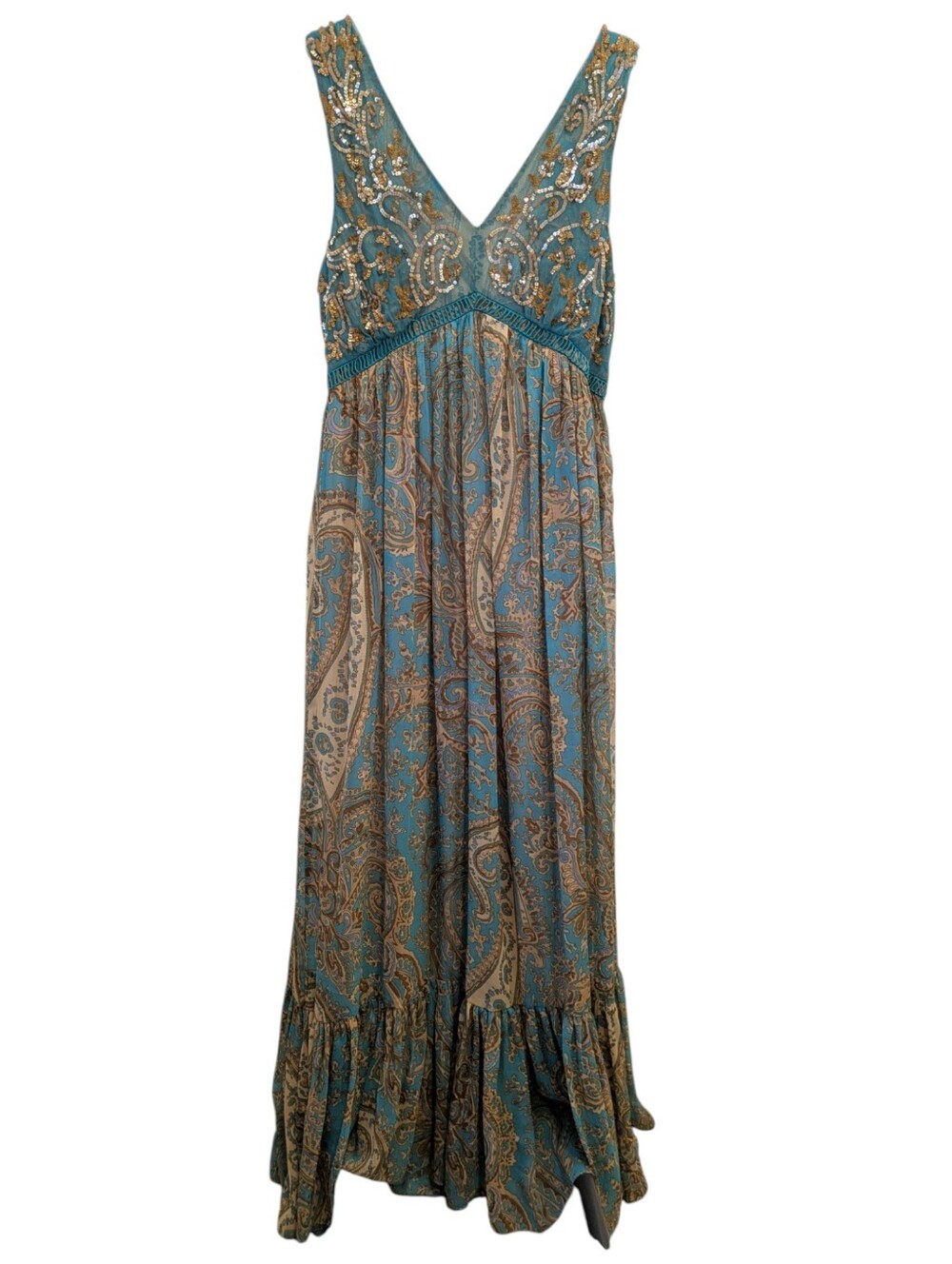 Anthropologie Teal Paisley Maxi Dress with Gold Accents